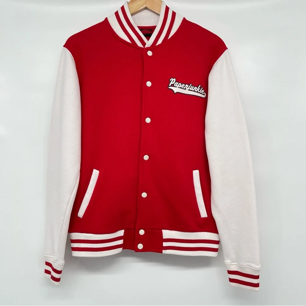 Paperjunkie Varsity Letterman Jacket Men Medium White Red Unisex - Picture 1 of 13